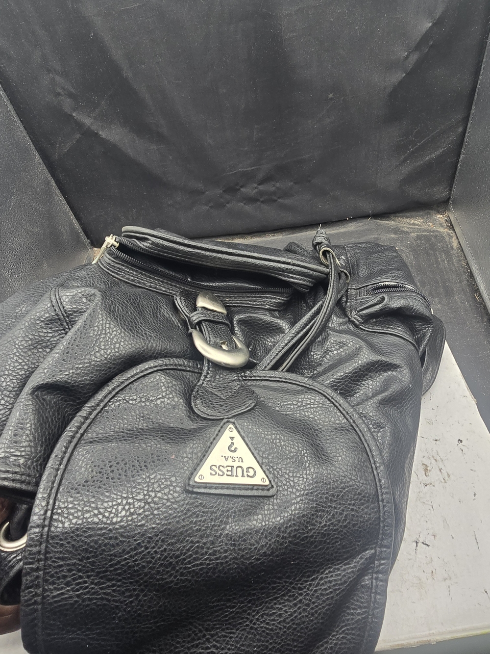 GUESS Black Leather Backpack - Textured Drawstring Rucksack - Picture 2 of 6